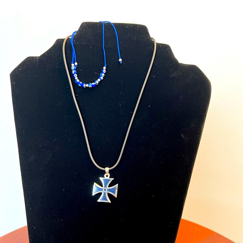 SALE!! Blue cross necklace and blue evil eye bracelet/ankle bracelet